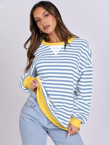 Women's Striped Oversized Crewneck Sweatshirt - Long Sleeve Pullover Trendy Top - Picture 94 of 155