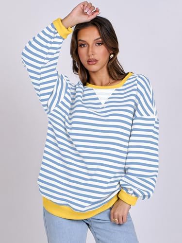 Women's Striped Oversized Crewneck Sweatshirt - Long Sleeve Pullover Trendy Top - Picture 95 of 155