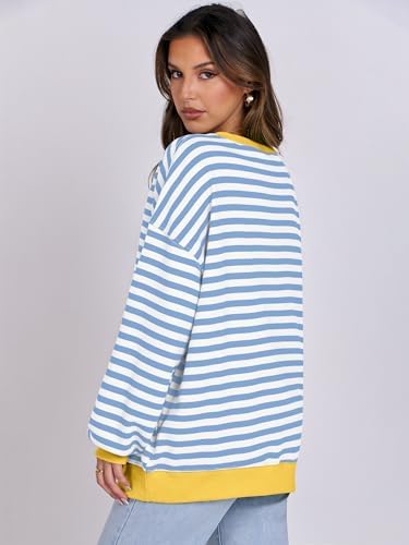 Women's Striped Oversized Crewneck Sweatshirt - Long Sleeve Pullover Trendy Top - Picture 96 of 155