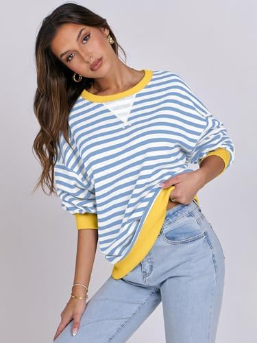 Women's Striped Oversized Crewneck Sweatshirt - Long Sleeve Pullover Trendy Top - Picture 97 of 155
