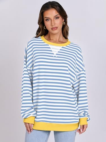 Women's Striped Oversized Crewneck Sweatshirt - Long Sleeve Pullover Trendy Top - Picture 98 of 155