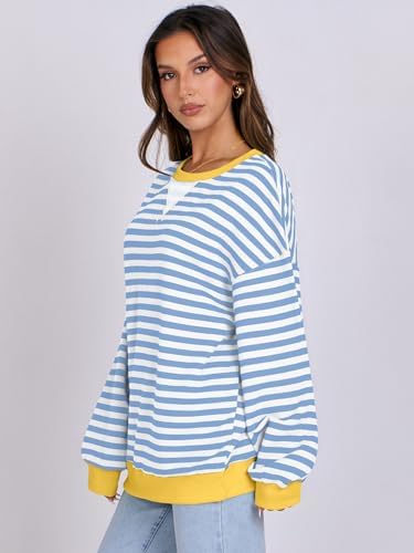 Women's Striped Oversized Crewneck Sweatshirt - Long Sleeve Pullover Trendy Top - Picture 99 of 155