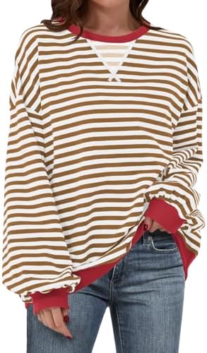 Women's Striped Oversized Crewneck Sweatshirt - Long Sleeve Pullover Trendy Top - Picture 100 of 155