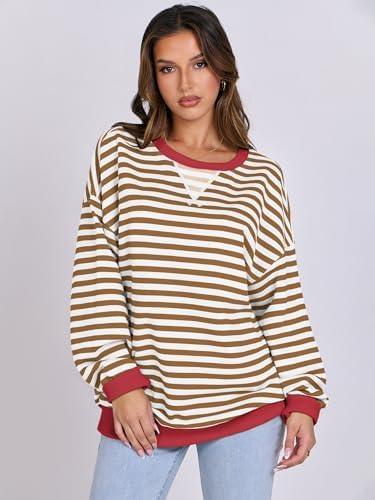 Women's Striped Oversized Crewneck Sweatshirt - Long Sleeve Pullover Trendy Top - Picture 101 of 155