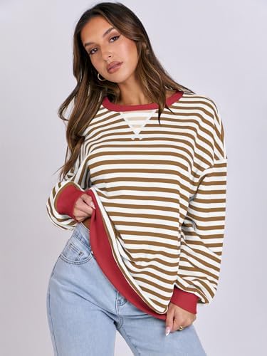 Women's Striped Oversized Crewneck Sweatshirt - Long Sleeve Pullover Trendy Top - Picture 102 of 155