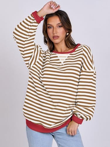 Women's Striped Oversized Crewneck Sweatshirt - Long Sleeve Pullover Trendy Top - Picture 103 of 155