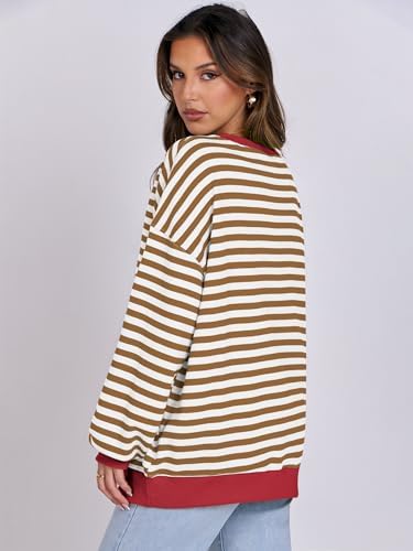 Women's Striped Oversized Crewneck Sweatshirt - Long Sleeve Pullover Trendy Top - Picture 104 of 155