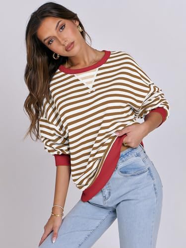 Women's Striped Oversized Crewneck Sweatshirt - Long Sleeve Pullover Trendy Top - Picture 105 of 155