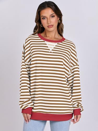 Women's Striped Oversized Crewneck Sweatshirt - Long Sleeve Pullover Trendy Top - Picture 106 of 155