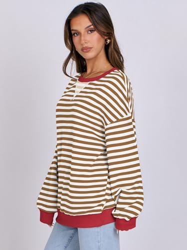Women's Striped Oversized Crewneck Sweatshirt - Long Sleeve Pullover Trendy Top - Picture 107 of 155