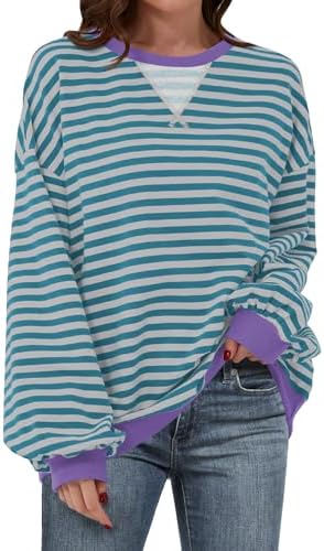 Women's Striped Oversized Crewneck Sweatshirt - Long Sleeve Pullover Trendy Top - Picture 108 of 155