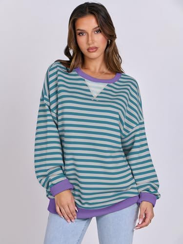Women's Striped Oversized Crewneck Sweatshirt - Long Sleeve Pullover Trendy Top - Picture 109 of 155