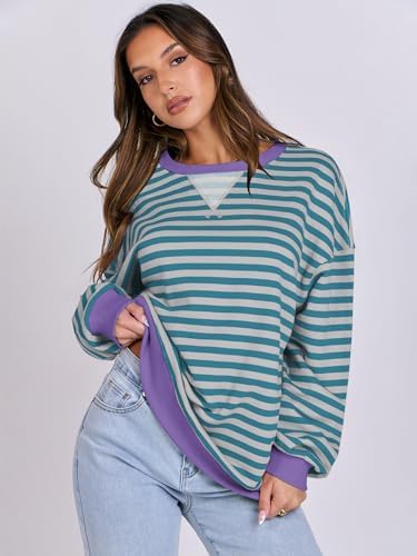 Women's Striped Oversized Crewneck Sweatshirt - Long Sleeve Pullover Trendy Top - Picture 110 of 155