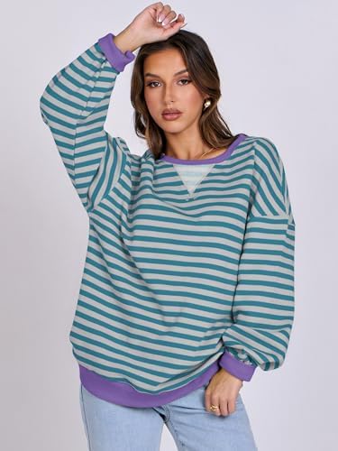 Women's Striped Oversized Crewneck Sweatshirt - Long Sleeve Pullover Trendy Top - Picture 111 of 155