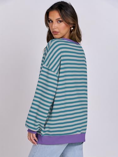 Women's Striped Oversized Crewneck Sweatshirt - Long Sleeve Pullover Trendy Top - Picture 112 of 155