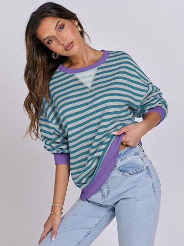 Women's Striped Oversized Crewneck Sweatshirt - Long Sleeve Pullover Trendy Top - Picture 113 of 155