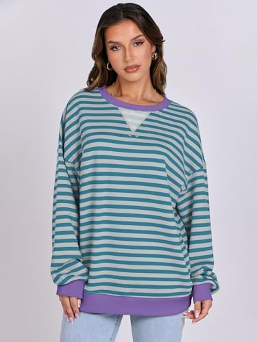 Women's Striped Oversized Crewneck Sweatshirt - Long Sleeve Pullover Trendy Top - Picture 114 of 155