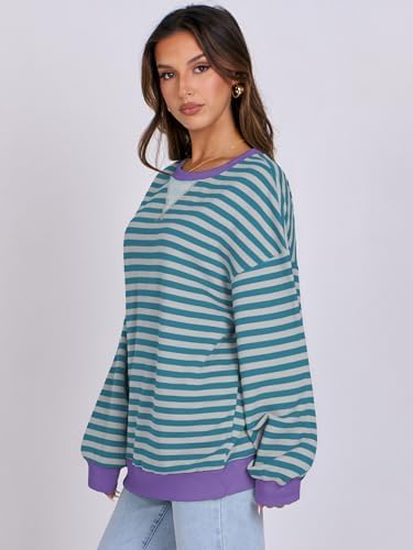 Women's Striped Oversized Crewneck Sweatshirt - Long Sleeve Pullover Trendy Top - Picture 115 of 155