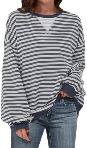 Women's Striped Oversized Crewneck Sweatshirt - Long Sleeve Pullover Trendy Top - Picture 116 of 155