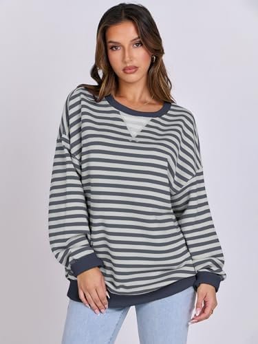 Women's Striped Oversized Crewneck Sweatshirt - Long Sleeve Pullover Trendy Top - Picture 117 of 155