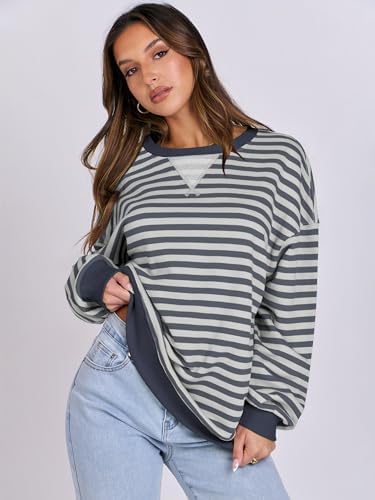 Women's Striped Oversized Crewneck Sweatshirt - Long Sleeve Pullover Trendy Top - Picture 118 of 155