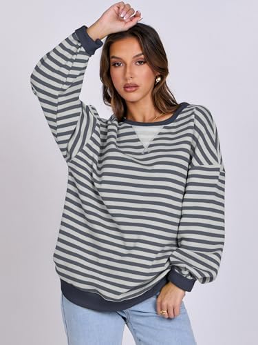 Women's Striped Oversized Crewneck Sweatshirt - Long Sleeve Pullover Trendy Top - Picture 119 of 155