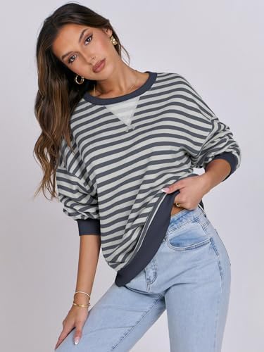 Women's Striped Oversized Crewneck Sweatshirt - Long Sleeve Pullover Trendy Top - Picture 121 of 155