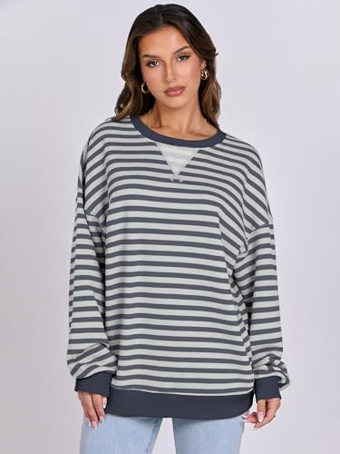 Women's Striped Oversized Crewneck Sweatshirt - Long Sleeve Pullover Trendy Top - Picture 122 of 155