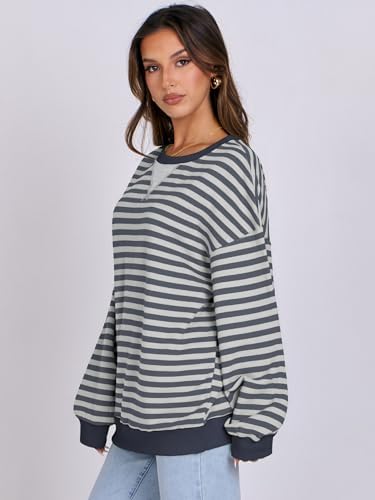 Women's Striped Oversized Crewneck Sweatshirt - Long Sleeve Pullover Trendy Top - Picture 123 of 155