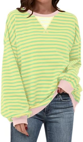 Women's Striped Oversized Crewneck Sweatshirt - Long Sleeve Pullover Trendy Top - Picture 124 of 155