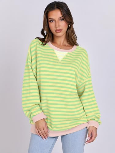 Women's Striped Oversized Crewneck Sweatshirt - Long Sleeve Pullover Trendy Top - Picture 125 of 155