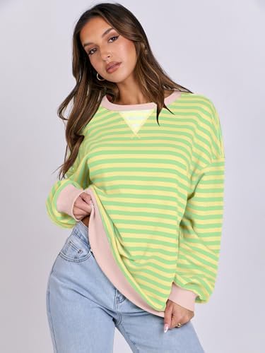 Women's Striped Oversized Crewneck Sweatshirt - Long Sleeve Pullover Trendy Top - Picture 126 of 155