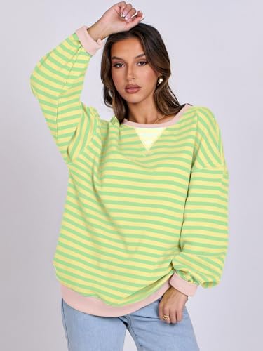 Women's Striped Oversized Crewneck Sweatshirt - Long Sleeve Pullover Trendy Top - Picture 127 of 155
