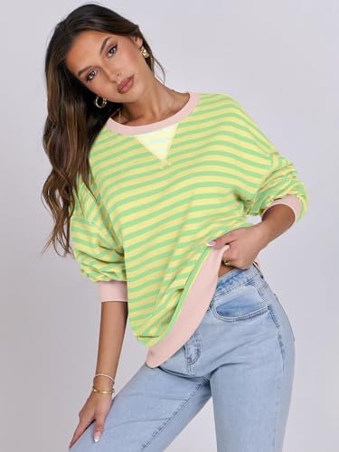 Women's Striped Oversized Crewneck Sweatshirt - Long Sleeve Pullover Trendy Top - Picture 129 of 155