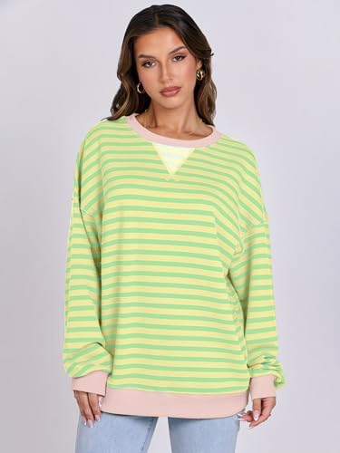 Women's Striped Oversized Crewneck Sweatshirt - Long Sleeve Pullover Trendy Top - Picture 130 of 155