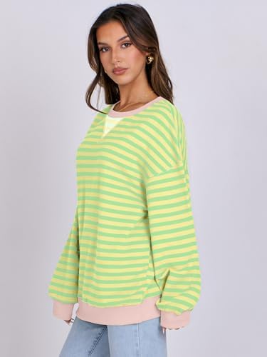 Women's Striped Oversized Crewneck Sweatshirt - Long Sleeve Pullover Trendy Top - Picture 131 of 155