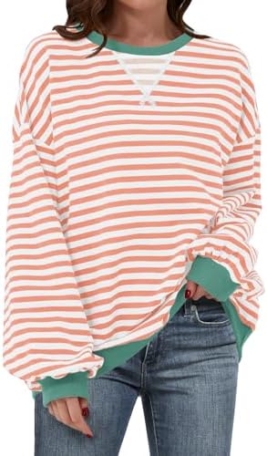 Women's Striped Oversized Crewneck Sweatshirt - Long Sleeve Pullover Trendy Top - Picture 132 of 155