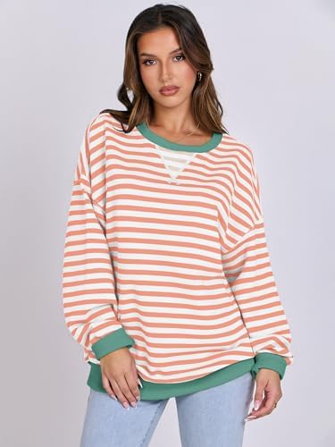 Women's Striped Oversized Crewneck Sweatshirt - Long Sleeve Pullover Trendy Top - Picture 133 of 155