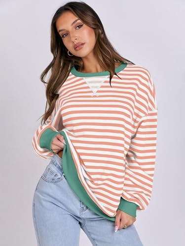 Women's Striped Oversized Crewneck Sweatshirt - Long Sleeve Pullover Trendy Top - Picture 134 of 155