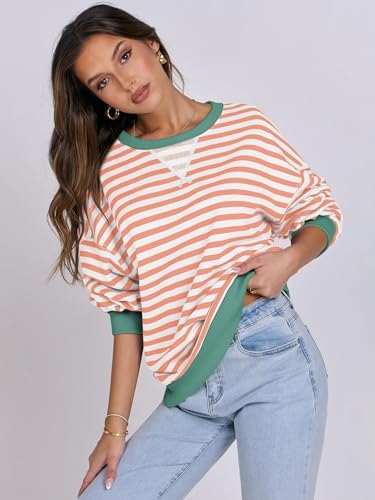 Women's Striped Oversized Crewneck Sweatshirt - Long Sleeve Pullover Trendy Top - Picture 137 of 155