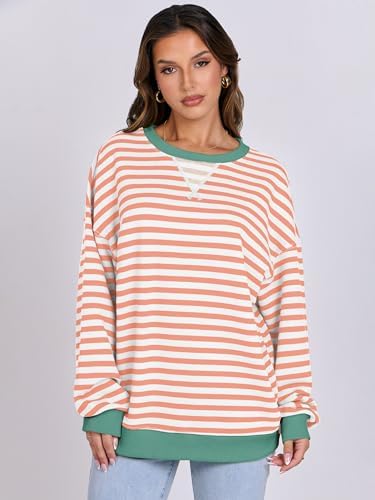 Women's Striped Oversized Crewneck Sweatshirt - Long Sleeve Pullover Trendy Top - Picture 138 of 155