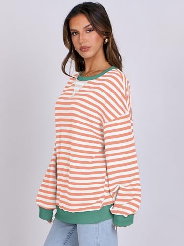 Women's Striped Oversized Crewneck Sweatshirt - Long Sleeve Pullover Trendy Top - Picture 139 of 155