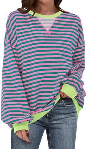 Women's Striped Oversized Crewneck Sweatshirt - Long Sleeve Pullover Trendy Top - Picture 140 of 155