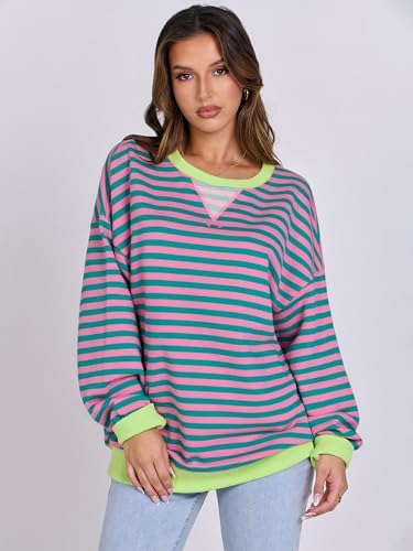Women's Striped Oversized Crewneck Sweatshirt - Long Sleeve Pullover Trendy Top - Picture 141 of 155