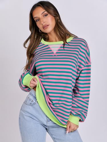 Women's Striped Oversized Crewneck Sweatshirt - Long Sleeve Pullover Trendy Top - Picture 142 of 155