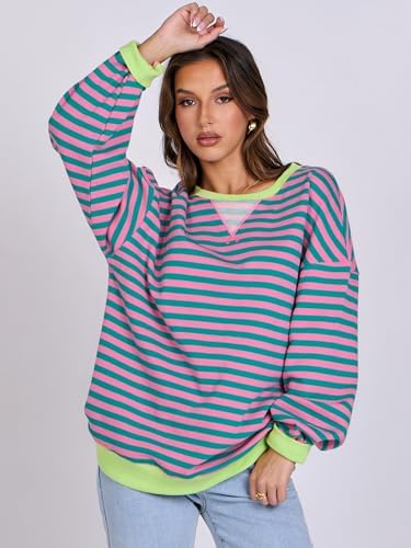 Women's Striped Oversized Crewneck Sweatshirt - Long Sleeve Pullover Trendy Top - Picture 143 of 155
