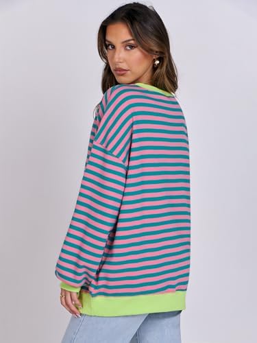 Women's Striped Oversized Crewneck Sweatshirt - Long Sleeve Pullover Trendy Top - Picture 144 of 155