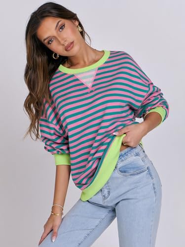 Women's Striped Oversized Crewneck Sweatshirt - Long Sleeve Pullover Trendy Top - Picture 145 of 155