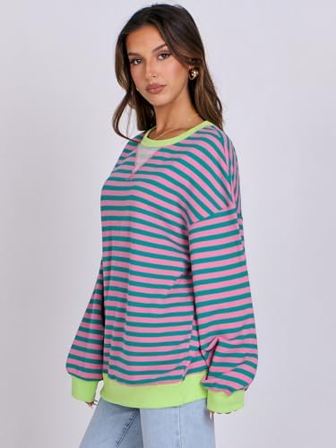 Women's Striped Oversized Crewneck Sweatshirt - Long Sleeve Pullover Trendy Top - Picture 147 of 155