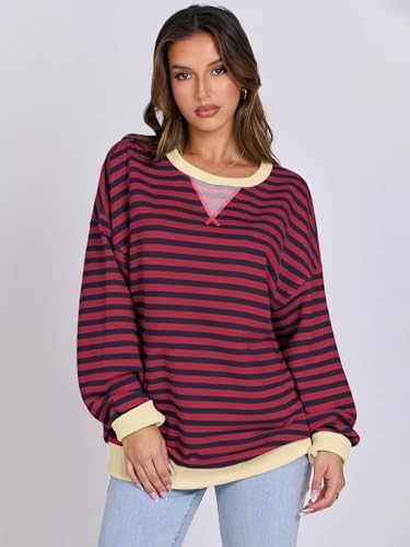 Women's Striped Oversized Crewneck Sweatshirt - Long Sleeve Pullover Trendy Top - Picture 149 of 155
